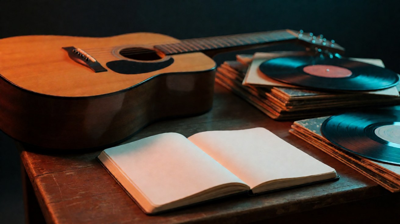 Gitar akustik di samping mikrofon vintage dengan venue karaoke bernuansa hangat