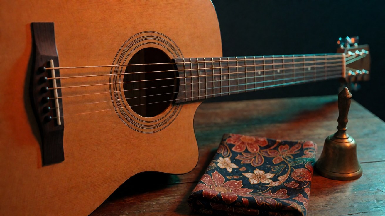 Gitar akustik di samping buku notepad terbuka di atas meja kayu