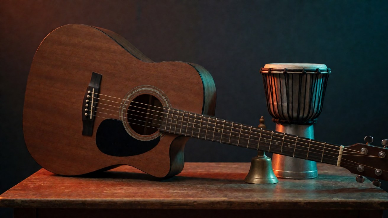 Gitar akustik dengan buku notepad terbuka di atas meja kayu