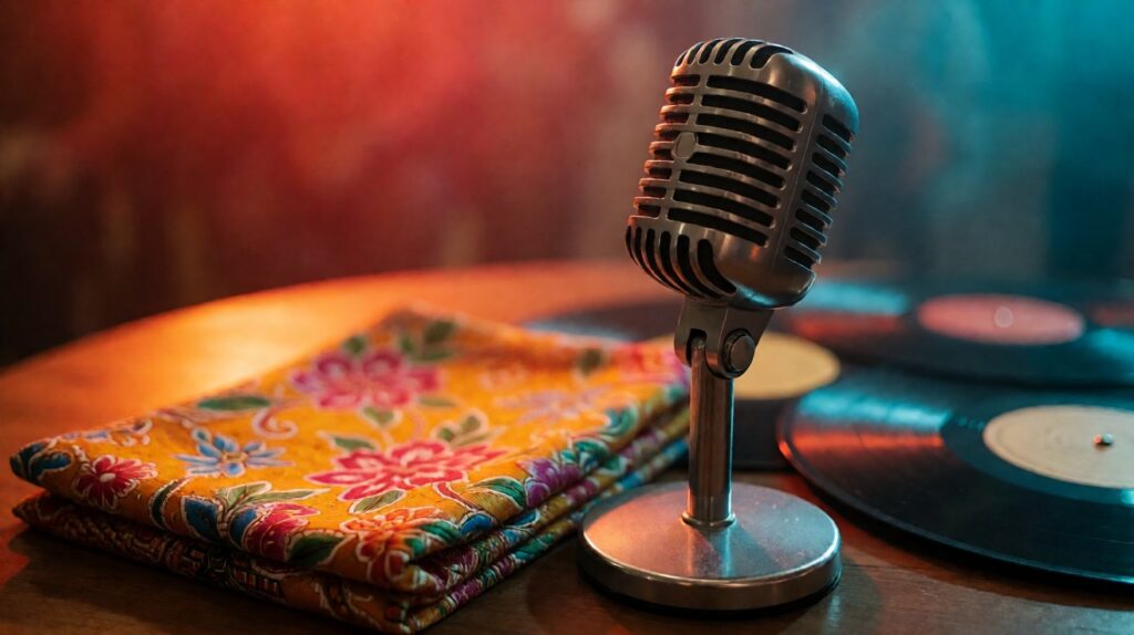 Gitar akustik dengan kain batik dan lonceng di atas meja kayu