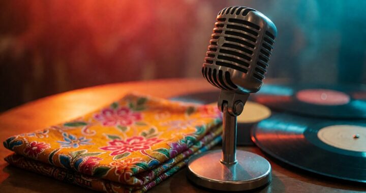 Gitar akustik dengan kain batik dan lonceng di atas meja kayu