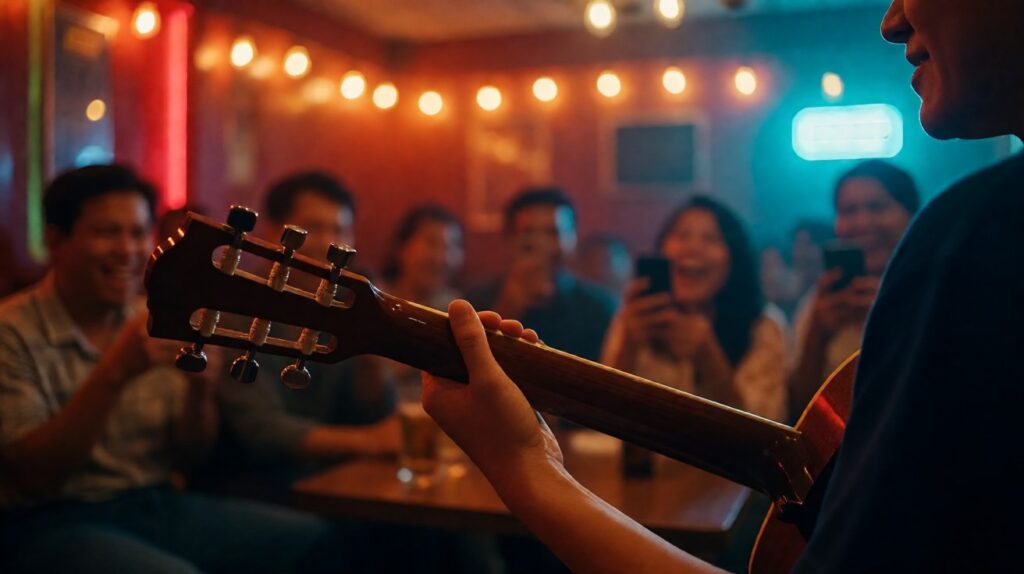 Gitar akustik di depan panggung karaoke dengan penonton yang sedang menyanyikan lagu dangdut bersama