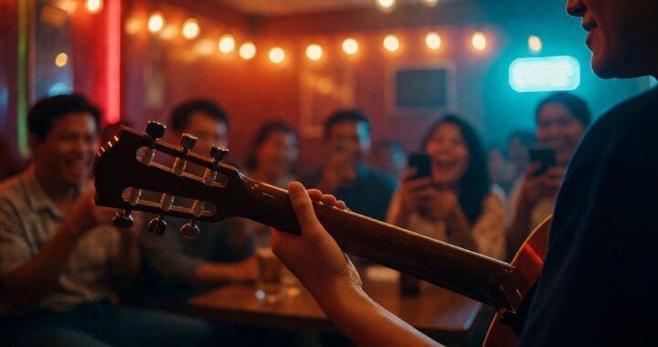 Gitar akustik di depan panggung karaoke dengan penonton yang sedang menyanyikan lagu dangdut bersama