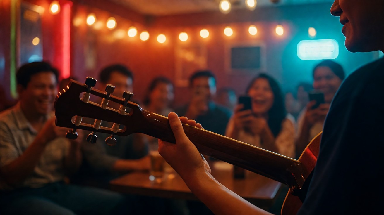 Gitar akustik di depan panggung karaoke dengan penonton yang sedang menyanyikan lagu dangdut bersama