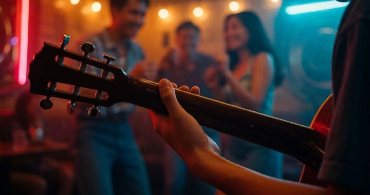 Gitar akustik sedang dipetik di ruangan karaoke hangat dengan teman-teman di belakang
