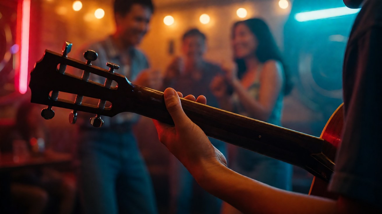 Gitar akustik sedang dipetik di ruangan karaoke hangat dengan teman-teman di belakang