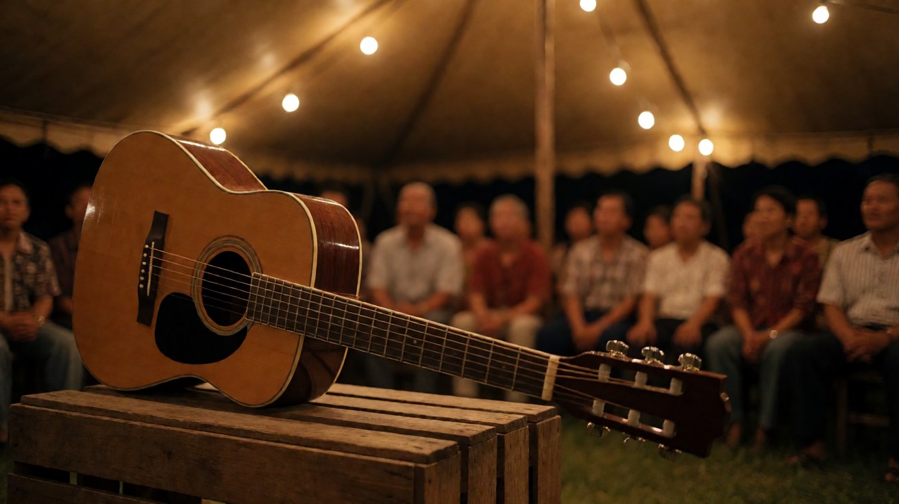 Gitar akustik di atas peti kayu di tenda pentas desa dengan penonton duduk menonton